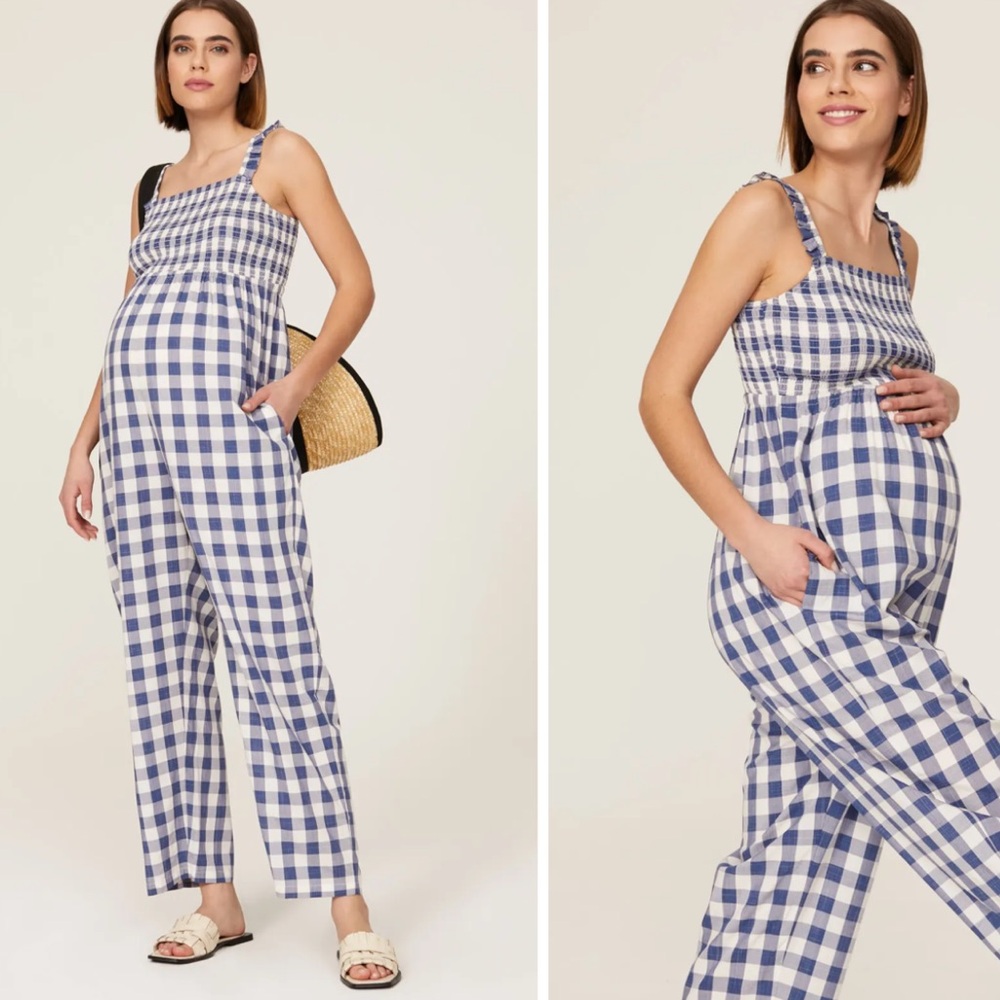 Nom Maternity Blue and White Checkered Jumpsuit